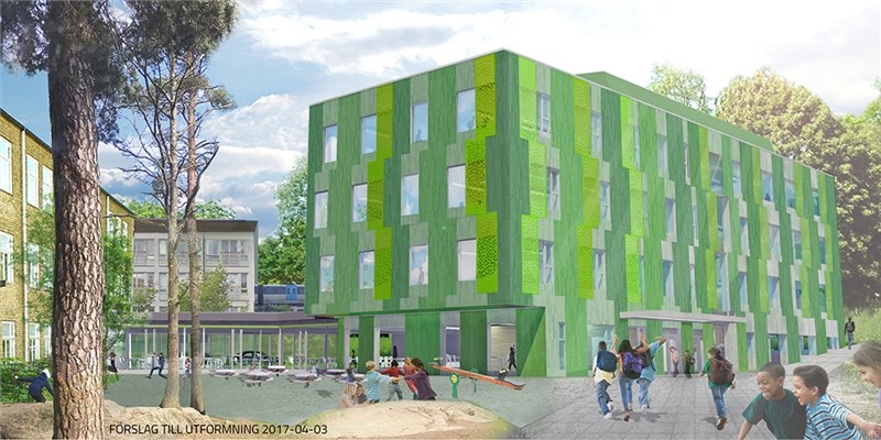 Gestltningsbild av nybyggnation Västertorpsskolan.