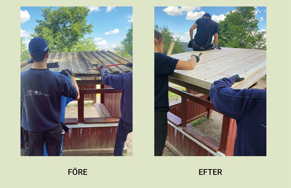 Vänstra bilden visar när det rivs ett ruttet tak på en lekstuga och den högra bilden visar när det ligger nya plankor på taket.