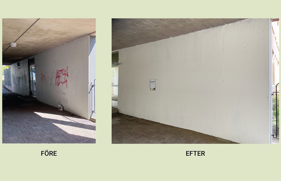 Vänstra bilden visar en klottring gångtunnel och den högra visar när väggen är vit och nymålad.